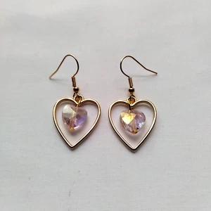 Gold Tone Pink Faceted Glass Heart Bead Dangle Hook Earrings Handmade Boho Chic - Picture 1 of 5