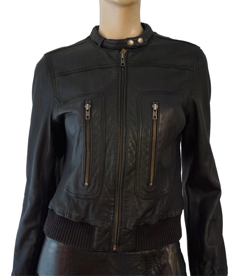 Chaqueta de bombardero JOIE talla S Danica negra de cuero de cordero para moto Foto 1 de 4