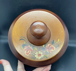 Schöne Vintage handgedrechselte Massivholz Schmuckschale mit Deckel handbemalt Blumen - Bild 1 von 5