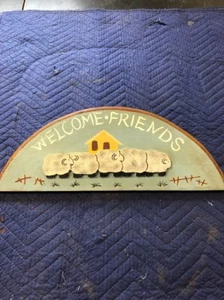 Welcome Friends 3D Sheep Hand-painted Handcrafted Half Wooden Circle Plaque Sign - Picture 1 of 9