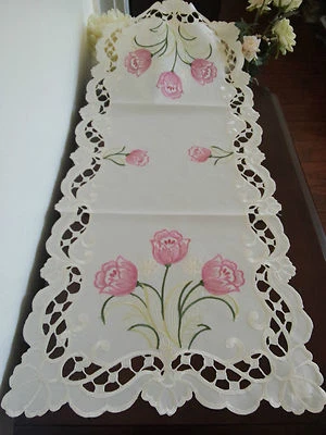 16"x54"Embroidered Table Runner Pink Tulip Floral Tablecloth Topper Home Decor  - Image 1 of 2
