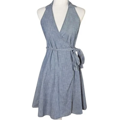 Ralph Lauren Sport Sleeveless Polo Wrap Dress Cotton Chambray Blue Size 4 Y2K - Image 1 of 4