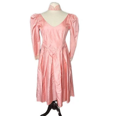 Vintage 70s 80s Pretty In Pink Handmade Dress Midi Taffeta Prom Puff Sleeve Sz 4 - Image 1 of 4