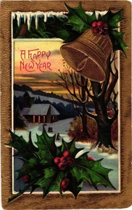 Cartolina d'epoca tedesca in rilievo Un felice anno nuovo campana vacanza non spedita - Foto 1 di 2