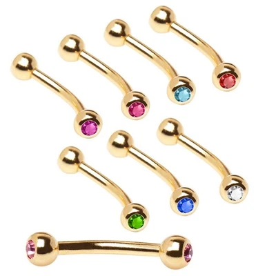 Gold Plated Over 316L Surgical Steel Eyebrow Ring with Gemmed Balls 1.2mm x 8mm - Image 1 of 4