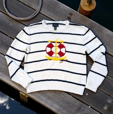 Polo Ralph Lauren Kids White Anchor Nautical Preppy Sweater Pullover Sz 10/12 - Image 1 of 4