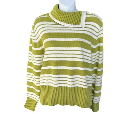Green Ivory Stripe Sweater Womens Large Nautical Knit Buttons Classic Preppy Vtg - Image 1 of 4
