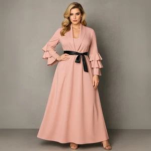 Pink Frilled Sleeve Maxi Dress with Ribbon Belt - Picture 1 of 2