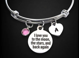 I Love You to the Moon Charm Bracelet w/ Initial and Birthstone, Gift Daughter - Picture 1 of 6