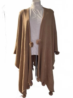 Beige Women's Poncho Cape with Pom  Pom Trim 34”x50” - Image 1 of 4