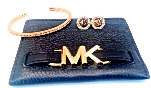 Michael Kors lotto 3 bracciali e orecchini strass tono oro rosa + porta documenti