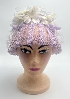 Sombrero Vintage Evelyn Varon Exclusivo Lavanda Tejido Paja Floral Cubo Mediano Foto 1 de 4