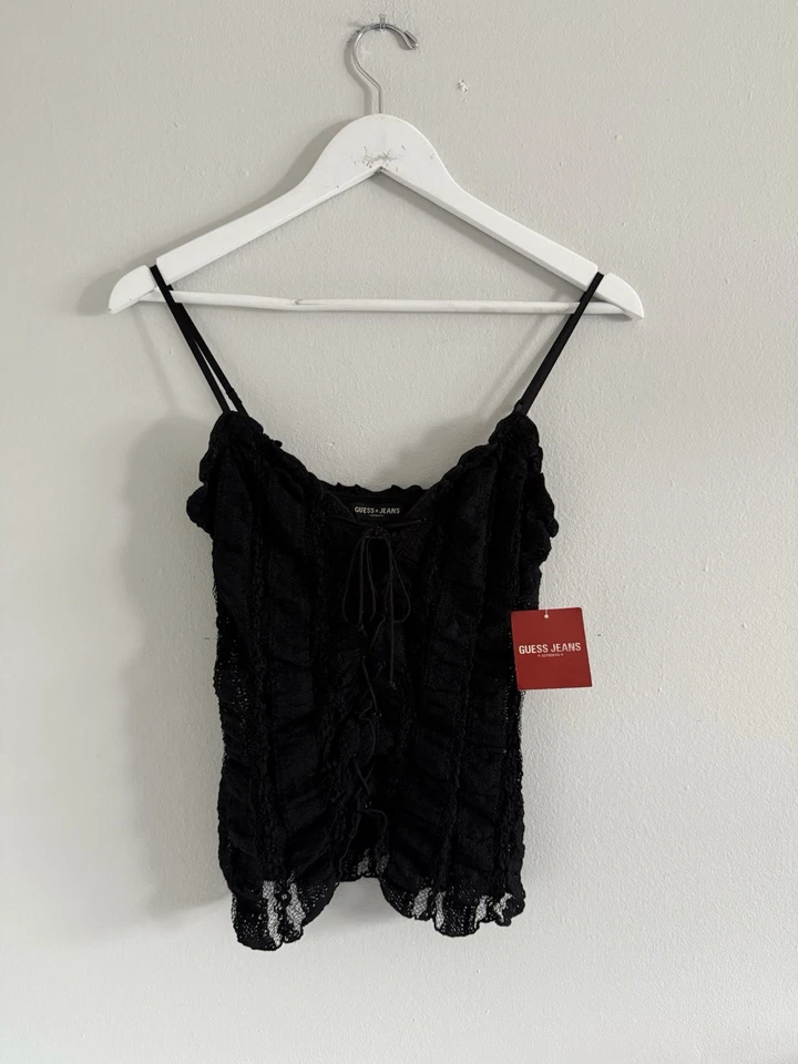 Винтажный Y2K Deadstock новый с Ярлыками Guess джинсы крючком кружевной корсет верхний черный маленький готический - Изображение 1 из 4