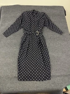 Vintage Rabbit Rabbit USA Women Long Belted Black Dress Polka Dot Shoulder Pads - Picture 1 of 11