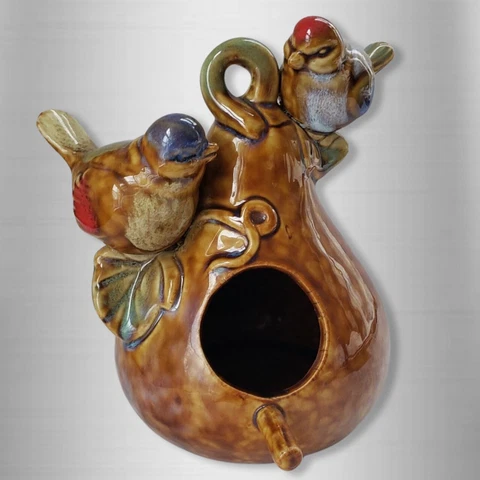Vintage Two Little Birds Perched on Pear Glossy Ceramic 6" Birdhouse Cover