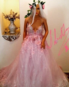 "AMARIS" Pink & White Organza 2 Pc Backless Babydoll Wedding Ballgown Set - Picture 1 of 12