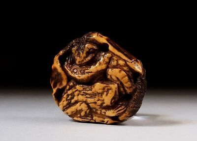 Antique Japanese Edo Period Stag Antler Manju Netsuke Two Frogs On Lotus Leaf • 199.99$