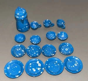 Vintage Miniatur ~ blau gesprenkeltes Emaillegeschirr 16-teiliges Set!! - Bild 1 von 1