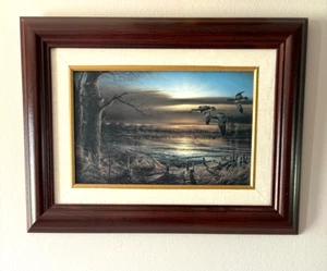 Sonnenuntergang Landschaft Szene mit fliegenden Enten Ölgemälde 17 B x 13 T schön - Bild 1 von 5