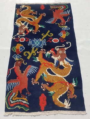 Antique Tibetan Dragon Phoenix Multicolor Handmade Wool Rug Carpet 164x93 cm - image 1 of 4
