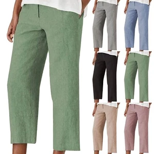 Women's Casual Pants Summer Wide Leg Elastic High Waist Cotton Cropped Trousers - Picture 1 of 38