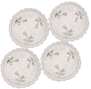 Set of 4 40cm 16" Round Scottish Thistle Embroidered Doilies Scalloped Edge - Picture 1 of 3