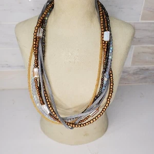 Chico's 7-Strand Brown Blue Gray Leather & Beads 16" Necklace w 4" Extender - Picture 1 of 24