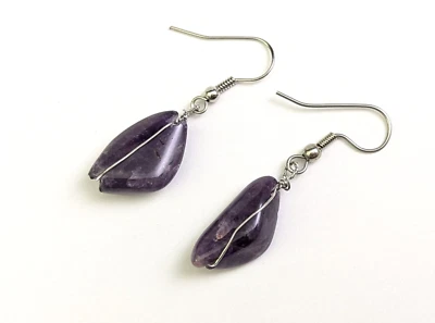 Purple Amethyst Polished Natural Stone Assymetrical Silver Tone Dangle Earrings - Image 1 of 4