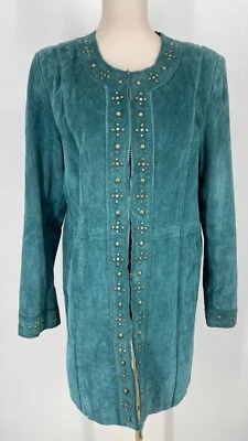 Abrigo para mujer Pamela McCoy talla grande verde azulado genuino 100 % gamuza cuero latón tachuelas Foto 1 de 4