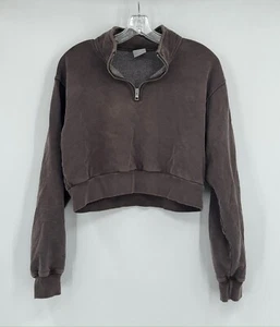 Tna Cozy Fleece Perfect Brown Cotton Blend 1/4 Zip Crop Sweatshirt Sz M - Picture 1 of 5