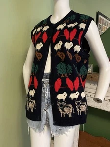 Vintage Novelty Birds Sheep 60s Knit Vest Gilet Wool New Zealand XL Scan Alp - Picture 1 of 4