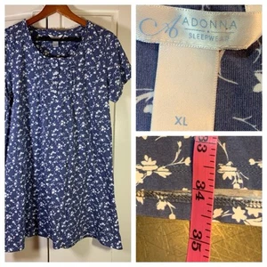 Adonna Nightgown Womens XL Sleepwear Blue White Floral Short Sleeve Pin Pleat - Picture 1 of 9