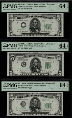 Lot of 3 Consecutive 1950a $5 Star Notes PMG 64 EPQ Cleveland District (AGX) - Image 1 of 4