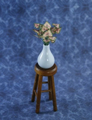 LOT Dollhouse Miniature Caladiums in Lt Blue Vase & wood Stool 1:12 house plant - Image 1 of 4