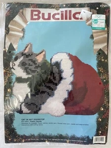 Bucilla Christmas Cat In Hat Plastic Canvas Doorstop Kit 61121 Santa Kitten - Picture 1 of 3