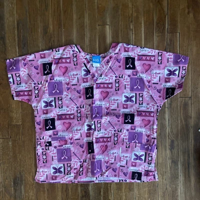 Scrub HQ Women’s XL Multicolored Breast Cancer Heart/Ribbons Scrub Top. Preowned - Image 1 of 2