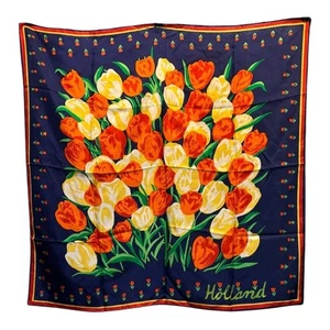 Bufanda grande de tulipán floral de seda azul y amarillo con cuadrado de diseño holandés - Imagen 1 de 9