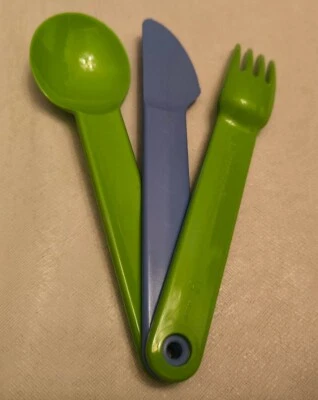 Tupperware Picknick-Besteck, Outdoor,Gabel+Messer+Löffel,hellgrün,-blau,gebr. - Bild 1 von 4