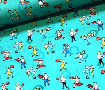 Baumwollstoff Meterware Bauarbeiter Handwerker Baustelle auf Türkis für Kinder - Bild 1 von 4
