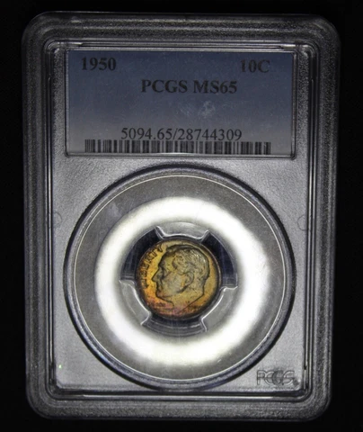 1950 P Roosevelt Silver Dime Graded PCGS MS65 Rainbow Color Toning Toned Coin Cover