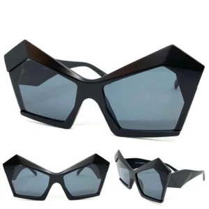 OVERSIZE EXAGGERATED Modern Retro Cat Eye SUNGLASSES Large Big Funky Black Frame - Picture 1 of 6