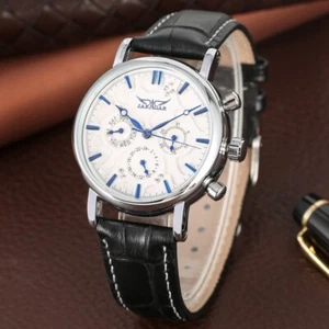 JARAGAR Men's Sport Automatic Watches Leather Strap Day Date Display Wristwatch - Picture 1 of 14