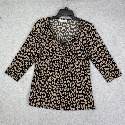Dana Buchman Top Womens M Black Tan Drape Neck 3/4 Sleeve Stretch Knit Blouse Foto 1 de 4