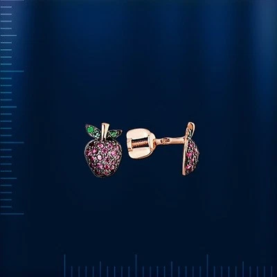 Erdbeere Kinder Ohrringe Ohrstecker mit Rubin Smaragd Rose Rotgold 585 Neu - Bild 1 von 3