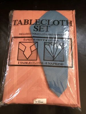 BARDWIL 70" Round Tablecloth W/4 Napkins Set Peach Table Cloth With Teal Napkins - Image 1 of 4