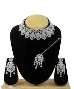 Set gioielli orecchini collana da sposa girocollo Kundan placcato argento indiano Bollywood - Foto 1 di 5