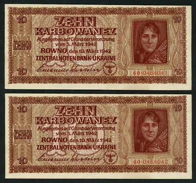🔴UKRAINE  10 Karbowanez 1942  AU  P52  Pair w/running No WWII GERMAN OCCUPATION - Image 1 of 2