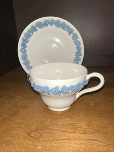 Wedgwood Lavender on Cream Embossed Queen’s Ware Cup & Saucer Smooth Plain Edge - Picture 1 of 10