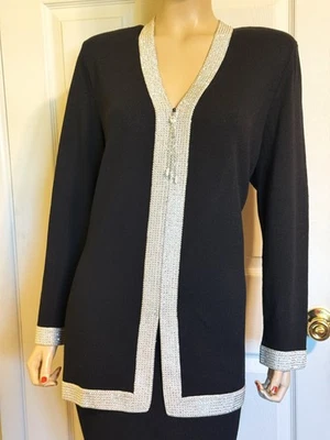 Excelente chaqueta de traje de noche St John negra y plateada con pedrería plateada talla 14 Foto 1 de 4