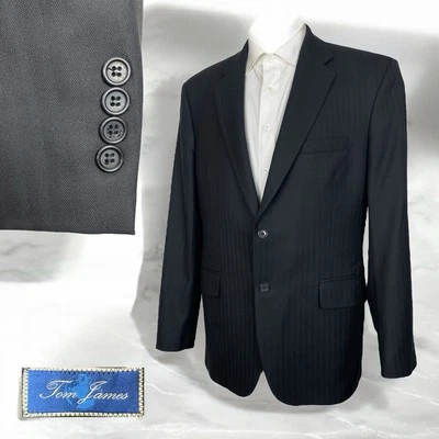 Tom James Bespoke Sport Coat Mens 40L Black Solid Striped Wool Two Buttons - Image 1 of 4